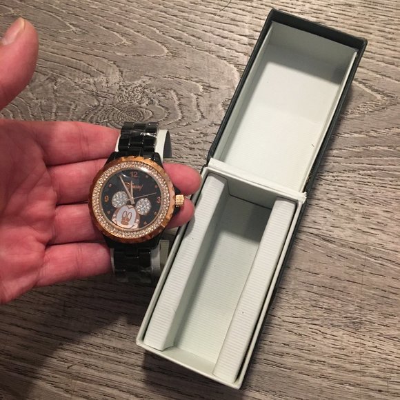 Watch Disney Women's Mickey Mouse Black Enamel Rhinestones Jewelry Bling NIB - Picture 8 of 16